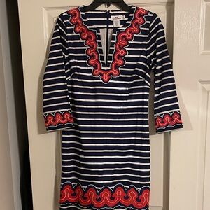 Vineyard Vines Striped Dress with orangish red Embroidery